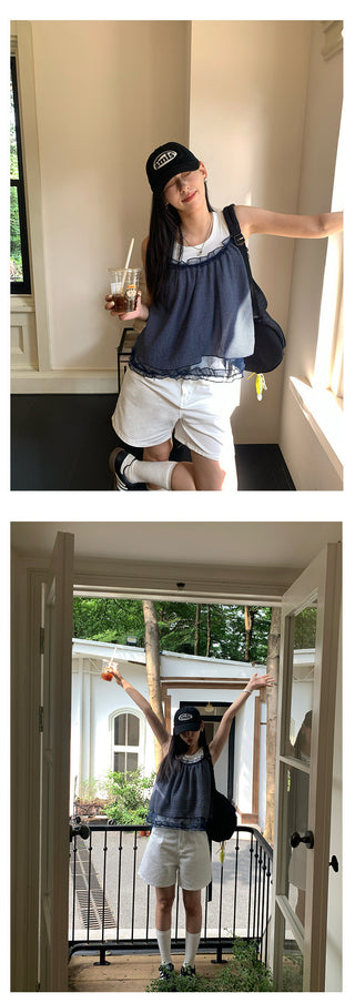pleated denim shorts