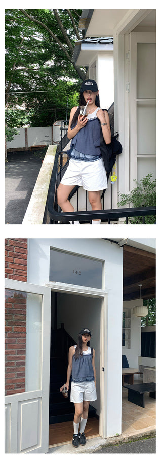 pleated denim shorts