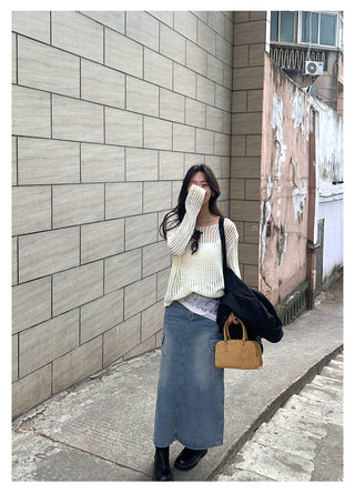 multi-pocket denim skirt