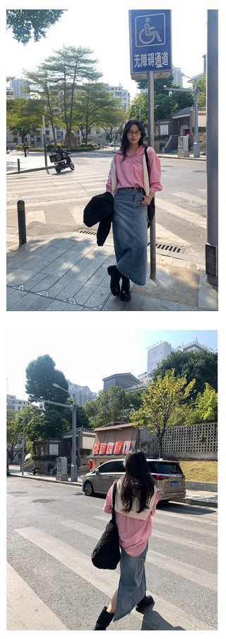 multi-pocket denim skirt