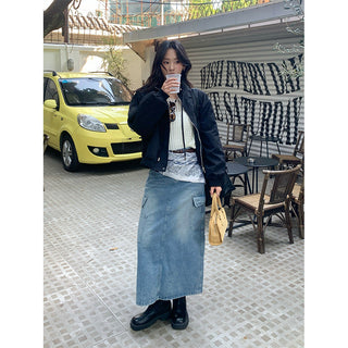 multi-pocket denim skirt