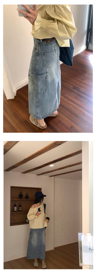 multi-pocket denim skirt