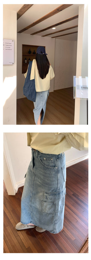 multi-pocket denim skirt