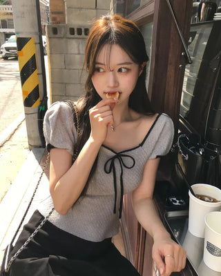 Ribbon Bicolor Short-Sleeve Knit