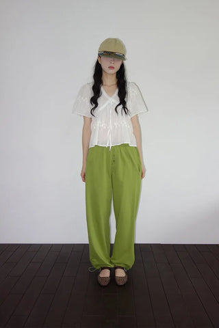 [2 colors] Butterfly embroidered perforated balloon fit summer cotton pants