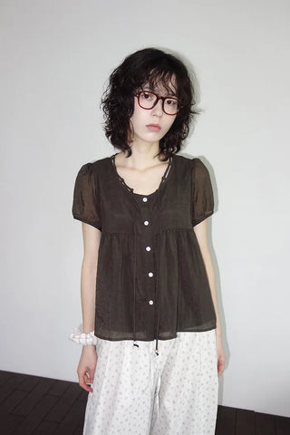 [2 colors] Kirin String Shirring Blouse