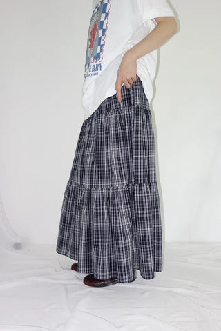 [3 colors] Lacu Check Cantilever Long Skirt