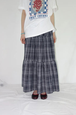 [3 colors] Lacu Check Cantilever Long Skirt