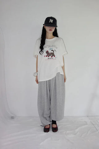 [2 colors] Chilling Print Oversized Short-Sleeve T-Shirt