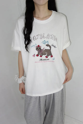 [2 colors] Chilling Print Oversized Short-Sleeve T-Shirt