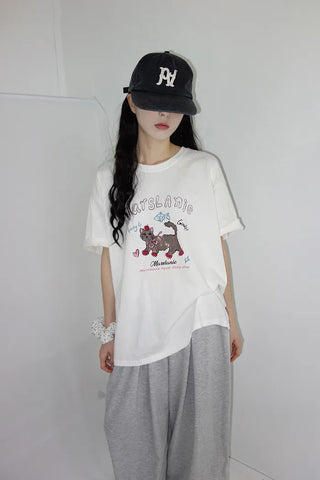 [2 colors] Chilling Print Oversized Short-Sleeve T-Shirt