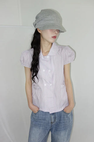 [2 colors] Monchi Check Puff Blouse