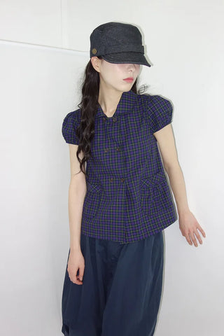 [2 colors] Monchi Check Puff Blouse