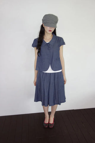 [2 colors] Round collar frill short-sleeved jacket