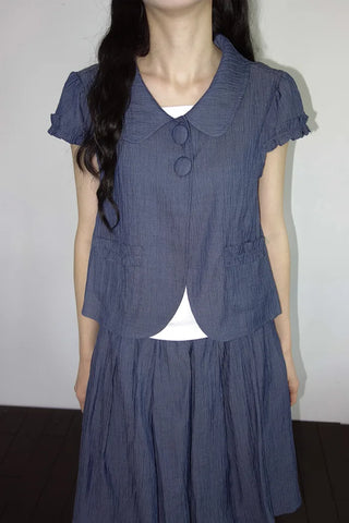 [2 colors] Round collar frill short-sleeved jacket