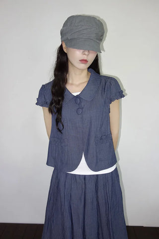 [2 colors] Round collar frill short-sleeved jacket
