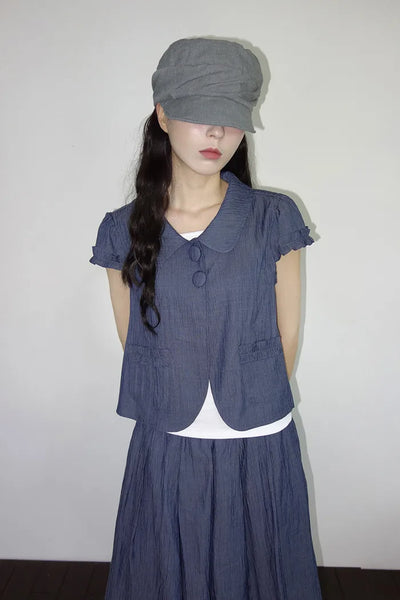 [2 colors] Round collar frill short-sleeved jacket