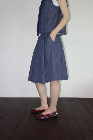 [2 colors] Pleated Banding Midi Skirt