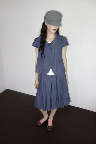 [2 colors] Pleated Banding Midi Skirt