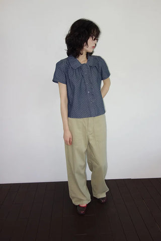 [2 colors] Denim polka dot frill blouse