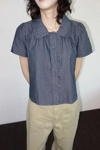 [2 colors] Denim polka dot frill blouse
