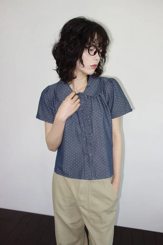 [2 colors] Denim polka dot frill blouse