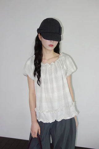 [2 colors] Checkered Frill Blouse