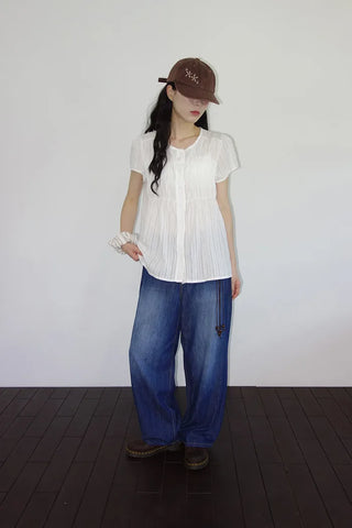 [2 colors] Multi-band curved denim pants