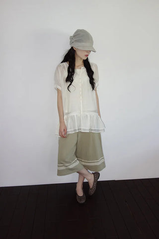 [2 colors] Seiki Lace Banding Bermuda Pants