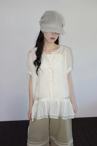 [3 colors] Elise Sheer Shirred Blouse