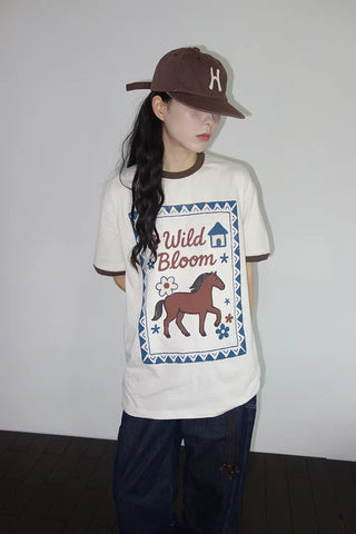 [3 colors] Baho Print Ringer Short-Sleeve T-Shirt