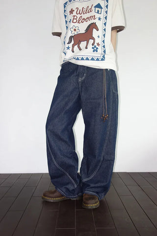 [4 colors] Denim Curved Wide Pants
