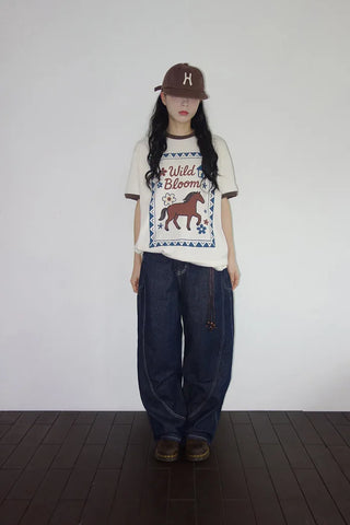 [4 colors] Denim Curved Wide Pants