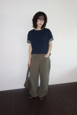 [2 colors] Emma Check Roll-Up Short Sleeve T-Shirt