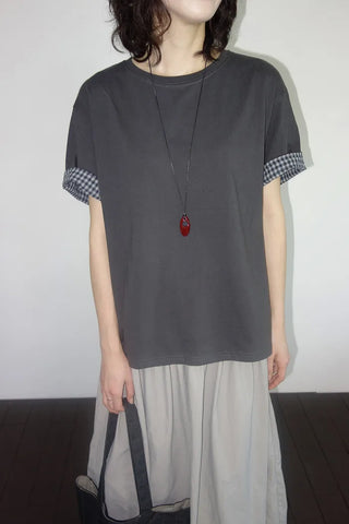 [2 colors] Emma Check Roll-Up Short Sleeve T-Shirt