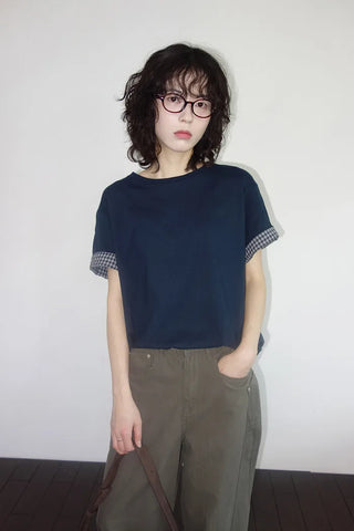 [2 colors] Emma Check Roll-Up Short Sleeve T-Shirt
