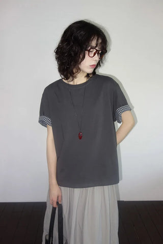 [2 colors] Emma Check Roll-Up Short Sleeve T-Shirt