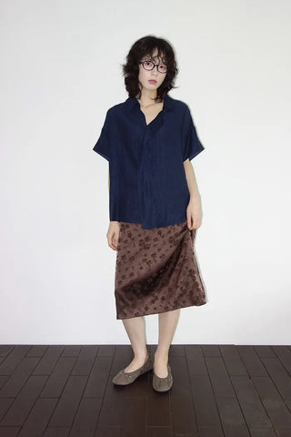 [2 colors] Linen open-collar blouse