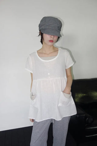 [2 colors] Elvina Linen Pocket Long Short Sleeve T-Shirt