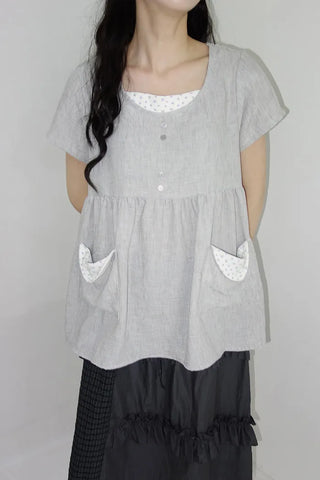 [2 colors] Elvina Linen Pocket Long Short Sleeve T-Shirt