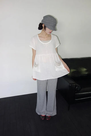 [2 colors] Elvina Linen Pocket Long Short Sleeve T-Shirt