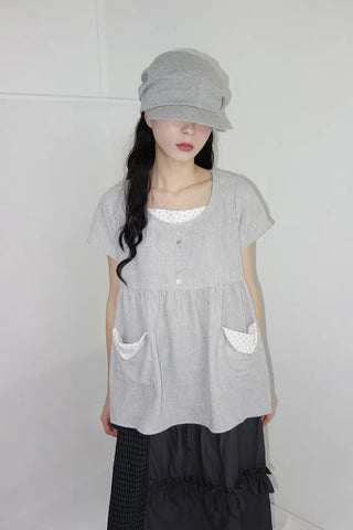 [2 colors] Elvina Linen Pocket Long Short Sleeve T-Shirt