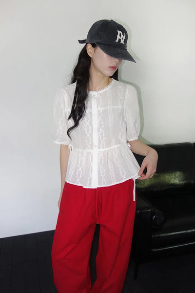 [2 colors] Shine Lace Embroidered Short-Sleeve Blouse