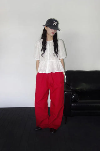 [2 colors] Shine Lace Embroidered Short-Sleeve Blouse