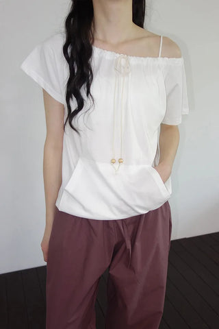 [2 colors] Beachco Off-Shoulder Pocket Short-Sleeve T-Shirt