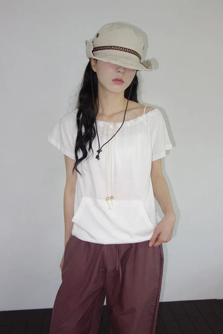 [2 colors] Beachco Off-Shoulder Pocket Short-Sleeve T-Shirt