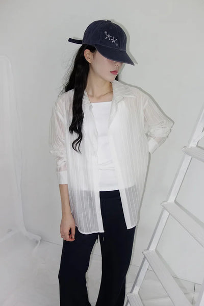 [4 colors] Shara See-through Stripe Strap Shirt