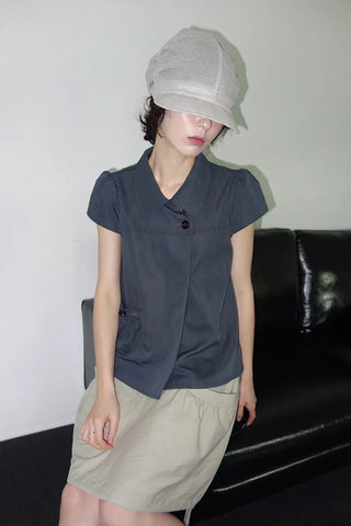 [4 colors] Motto Button Collar Blouse