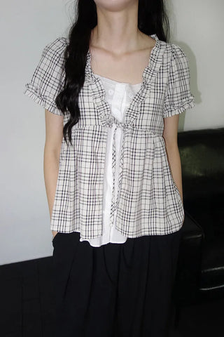[2 colors] Aline Layered Check Blouse