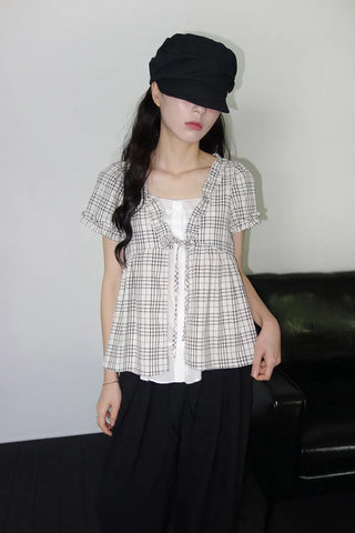 [2 colors] Aline Layered Check Blouse